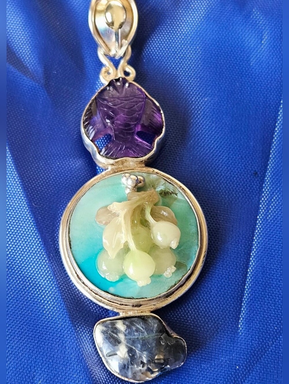 3.5" Carved Fish Amethyst & Sodalite Center Mother Of Pearl Pendant 925